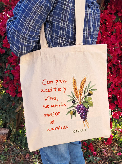 Bolsa de Compra Pan, Aceite y Vino (Tote Bag )100% Algodón Orgánico.